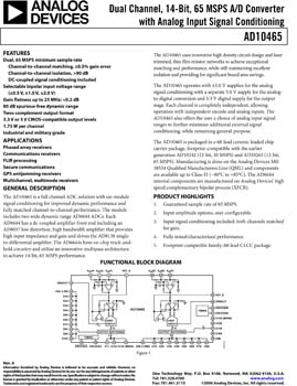 AD10465. Dual Channel, 14-Bit, 65 MSPS A/D Converter With Analog Input Signal Conditioning