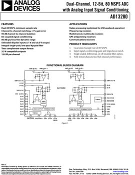 AD13280. Dual-Channel, 12-Bit, 80MSPS A/D Converter with Analog Input Signal Conditioning