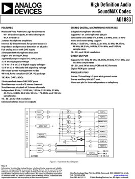 AD1883. HD Audio CODEC, 4DACs/4ADCs, exceeds Microsoft Vista Premium performance for notebooks