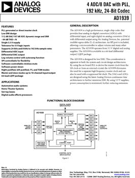 AD1939. 4 ADC/8 DAC with PLL, 192 kHz, 24-Bit Codec