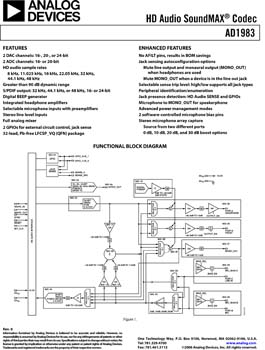 AD1983. 2 Ch HD Audio Codec Single Chip
