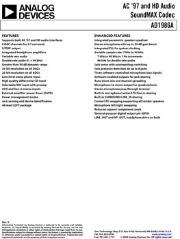 AD1986A. AC97 2.3 and HD Audio SoundMAX audio codec w/jack sensing