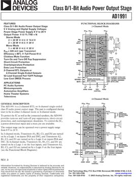 AD1991. Class D/1-Bit Audio Power Amplifier Output Stage