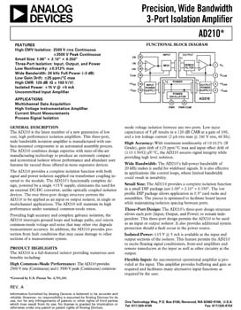 AD210. Precision, Wide Bandwidth 3-Port Isolation Amplifier