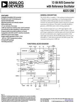 AD2S1200. 12-Bit R/D Converter with Reference Oscillator