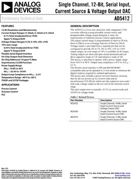 AD5412. Single Channel, 12-Bit, Serial Input, Current Source & Voltage Output DAC