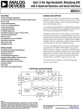 AD5415. Dual 12-Bit, High Bandwidth, Multiplying DAC with 4 Quadrant Resistors and Serial Interface