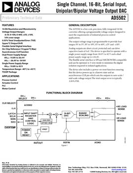 AD5502. Single Channel, 16-Bit, Serial Input, Unipolar/Bipolar Voltage Output DAC