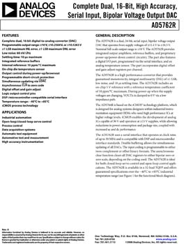 AD5762R. Complete Dual, 16-Bit, High Accuracy, Serial Input, Bipolar Voltage Output DAC