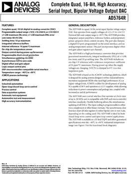 AD5764R. Complete Quad, 16-Bit, High Accuracy, Serial Input, Bipolar Voltage Output D/A Converter 