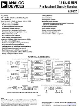 AD6652. 12-Bit, 65 MSPS IF to Base Band Diversity Receiver