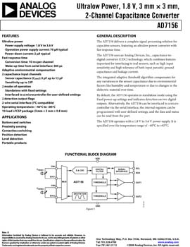 AD7156. Ultralow Power, 1.8 V, 3 mm x 3 mm, 2-Channel Capacitance Converter