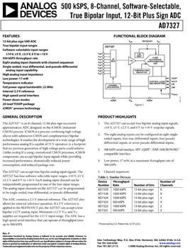 AD7327. 500 kSPS, 8-Channel, Software Selectable True bipolar Input, 12-Bit Plus Sign A/D Converter