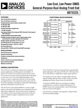 AD73322L. Dual-Channel, 3 V Front-End Processor for General Purpose Applications Including Speech and Telephony