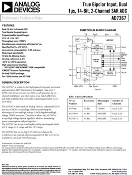 AD7367. True Bipolar Input, Dual 14-Bit, 2-Channel, Simultaneous Sampling SAR ADC