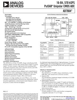 AD7664. 16-Bit 570 kSPS CMOS Successive Approximation PulSAR(r) ADC with No Missing Codes