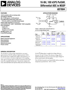 AD7684. 16-Bit, 100 kSPS PulSAR(r), Differential ADC in MSOP