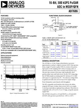 AD7686. 500 kSPS 16-BIT PulSAR(r) A/D Converter in MSOP/QFN