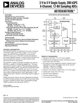 AD7859. 3 V to 5 V Single Supply, 200 kSPS 8-Channel, 12-Bit, Parallel Sampling ADCs