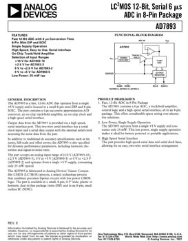 AD7893. True Bipolar Input, Single Supply, 12-Bit, Serial 6 µs ADC in 8-Pin Package