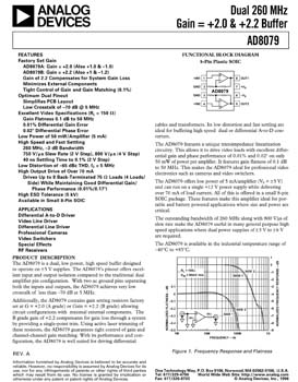 AD8079. Dual 260 MHz Gain = +2.0 & +2.2 Buffer