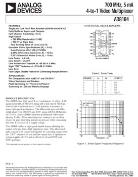 AD8184. 700 MHz, 5 mA, 4-to-1, Buffered Video Multiplexer
