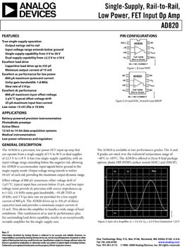 AD820. Single-Supply, Rail-to-Rail, Low Power FET-Input Op Amp
