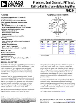 AD8224. Precision, Dual-Channel, JFET Input, Rail-to-Rail Instrumentation Amplifier