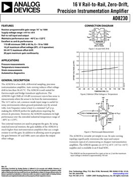 AD8230. 16 V Rail-to-Rail, Zero-Drift, Precision Instrumentation Amplifier