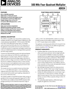 AD834. 500 MHz Four-Quadrant Multiplier