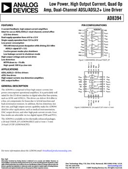 AD8394. Low Power, High Output Current, Quad Op Amp, Dual-Channel ADSL/ADSL2+ Line Driver