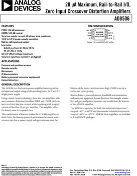 AD8506. Dual 20 µA Maximum, Rail-to-Rail I/O, Zero Input Crossover Distortion Amplifiers