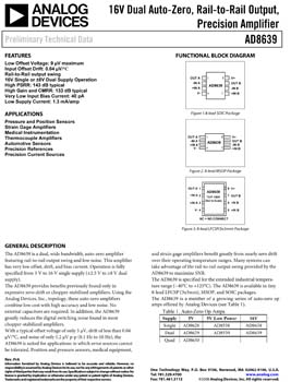 AD8639. 16V Dual Auto-Zero, Rail-to-Rail Output, Precision Amplifier
