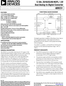 AD9231. 12-Bit, 20/40/65/80 MSPS, 1.8V Dual Analog-to-Digital Converter