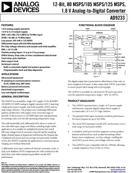 AD9233. 12-Bit, 80 MSPS/105 MSPS/125 MSPS, 1.8 V Analog-to-Digital Converter