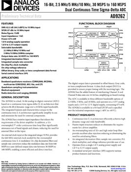 AD9262. 16-Bit, 2.5 MHz/5 MHz/10 MHz, 30 MSPS to 160 MSPS Dual Continuous Time Sigma-Delta ADC