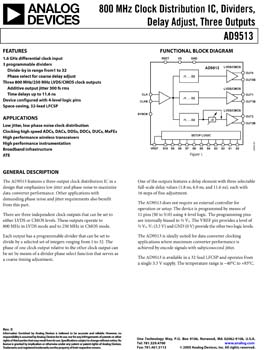 AD9513. 800 MHz Clock Distribution IC,Dividers, Delay Adjust, Three Outputs