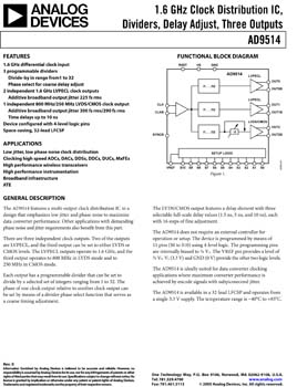 AD9514. 1.6 GHz Clock Distribution IC, Dividers, Delay Adjust, Three Outputs 