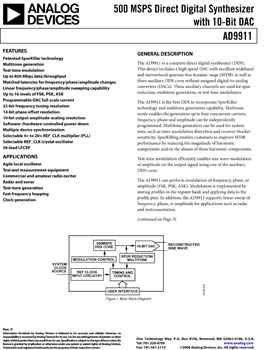 AD9911. 500 MSPS Direct Digital Synthesizer w/10-Bit DAC