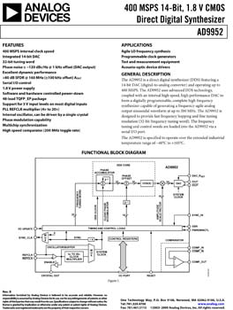 AD9952. 400 MSPS 14-Bit DAC 1.8 V CMOS Direct Digital Synthesizer 