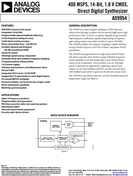 AD9954. 400 MSPS, 14-Bit, 1.8 V CMOS, Direct Digital Synthesizer