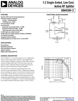 ADA4304-2. 1:2 Single-Ended, Low Cost, Active RF Splitter