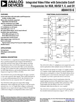 ADA4410-6. Integrated Video Filter with Selectable Cutoff Frequencies for RGB, HD/SD, Y, C, and CV