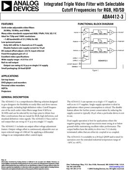 ADA4412-3. Integrated Triple Video Filter with Selectable Cutoff Frequencies for RGB, HD and SD