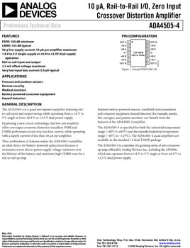 ADA4505-4. Quad 10 µA, Rail-to-Rail I/O, Zero Input Crossover Distortion Amplifier