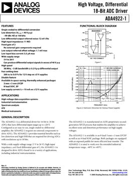 ADA4922-1. High Voltage, Differential 18-Bit ADC Driver