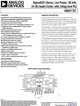 ADAU1761. SigmaDSP(r) Stereo, Low Power, 96 kHz, 24-Bit Audio Codec with Integrated PLL