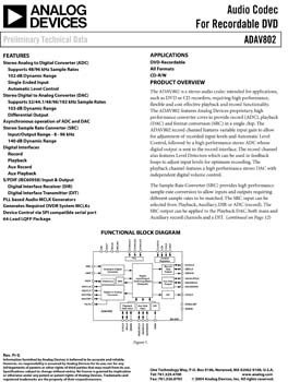 ADAV802. Stereo Codec with Differential DAC Outputs, SPDIF and SPI Interface
