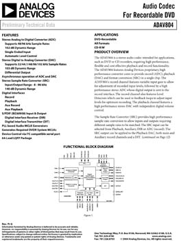 ADAV804. Stereo Codec with Differential DAC Outputs, SPDIF and I2c Interface
