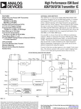 ADF7011. High Performance ISM Band ASK/FSK/GFSK Transmitter IC